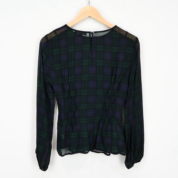 J.Crew Chiffon Shirred Waist Top Black Watch Tartan Preppy Plaid Size 2 NWT - Picture 2 of 9